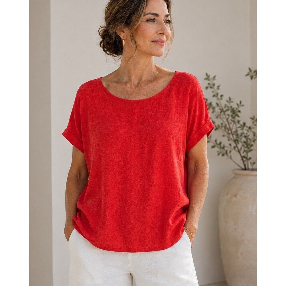 Eileen Fisher XL Red Linen Knit Top Short Sleeve Lightweight Relaxed Fit